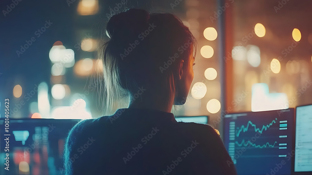 Poster nighttime analyst: a woman's silhouette is illuminated by the glow of multiple computer screens disp