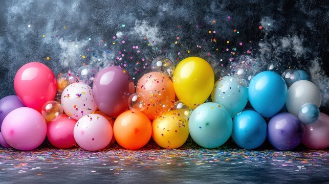 A colorful arrangement of balloons and confetti on a dark background, celebrating a joyous occasion with vibrant hues and festive spirit.