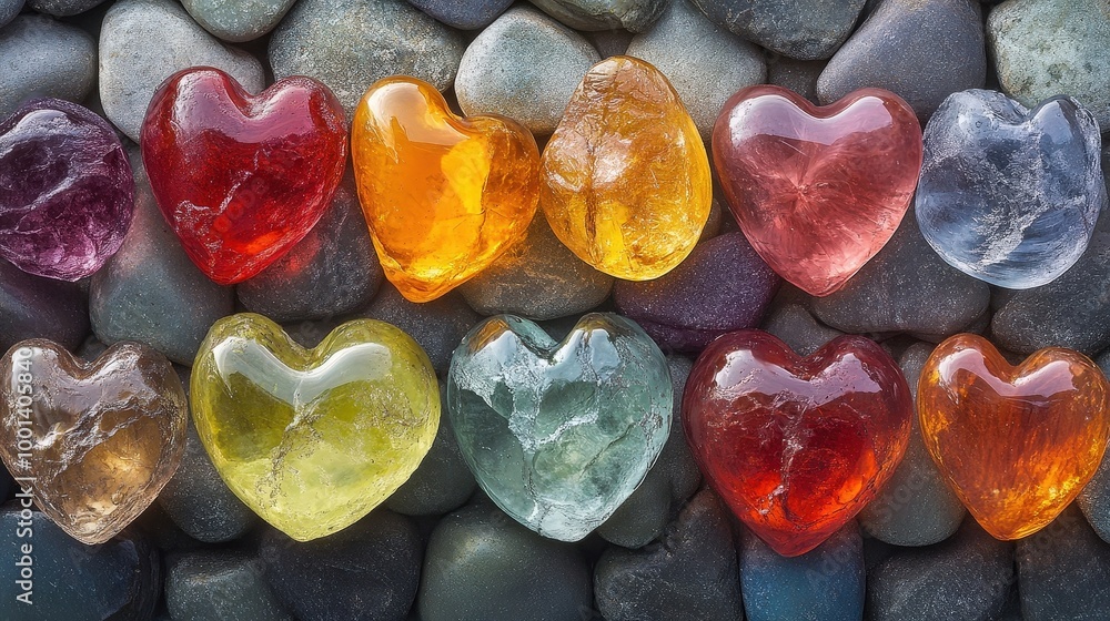 Poster a vibrant collection of heart-shaped gemstones nestled amidst smooth gray stones, each showcasing un