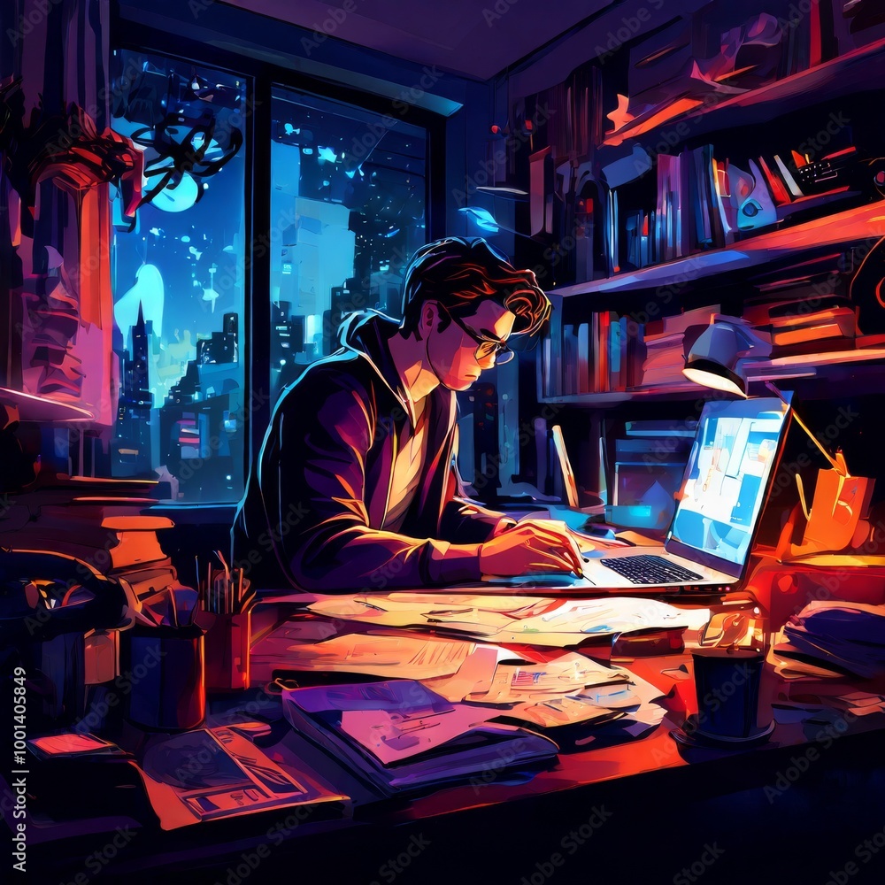 Poster a focused man works on his laptop at night, surrounded by a cluttered desk and bookshelves. the city