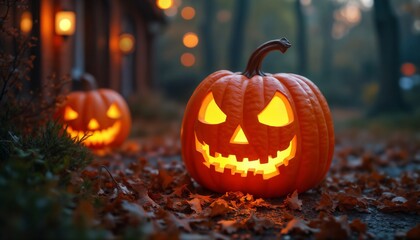 a house decorated with pumpkins and decorations for the Halloween holiday, a rural house in the forest, autumn nature