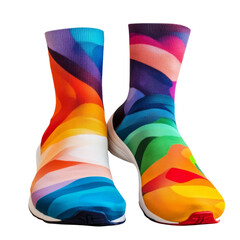 Two colorful socks with rainbow stripes. on transparent background png