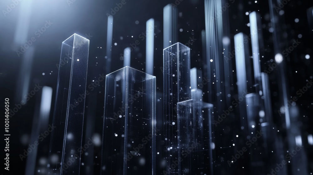 Leinwandbilder A futuristic 3D bar graph floating in space, with transparent bars of different heights, set against a dark background, symbolizing high-tech data visualization