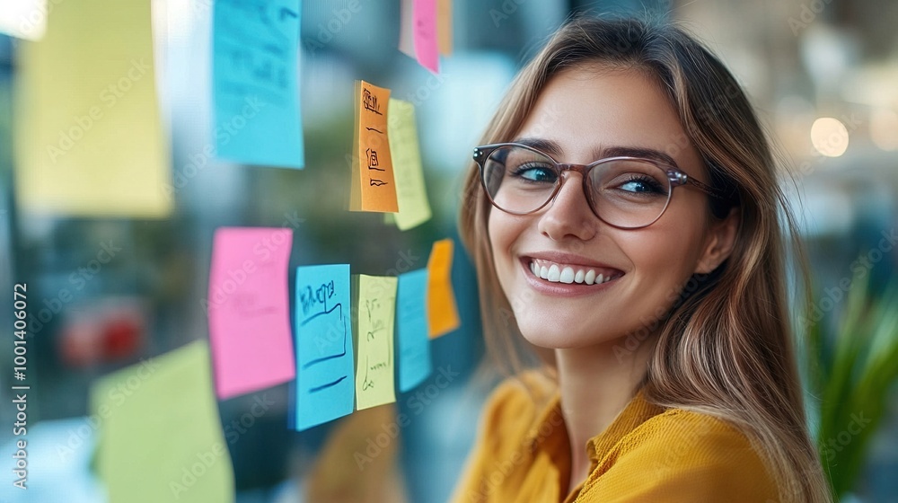 Sticker Smiling Businesswoman Organizing Sticky Notes