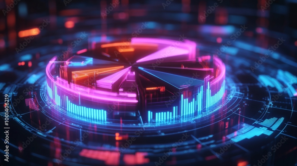 Poster a futuristic 3d pie chart with glowing neon segments, rotating in a digital space, symbolizing moder