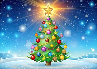 Obraz premium Colorful, whimsical cartoon Christmas tree with bright stars, swirling lights, and vibrant ornaments stands tall against a soft, snowy winter background.