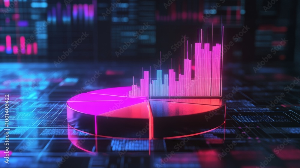 Poster a futuristic 3d pie chart with glowing neon segments, rotating in a digital space, symbolizing moder
