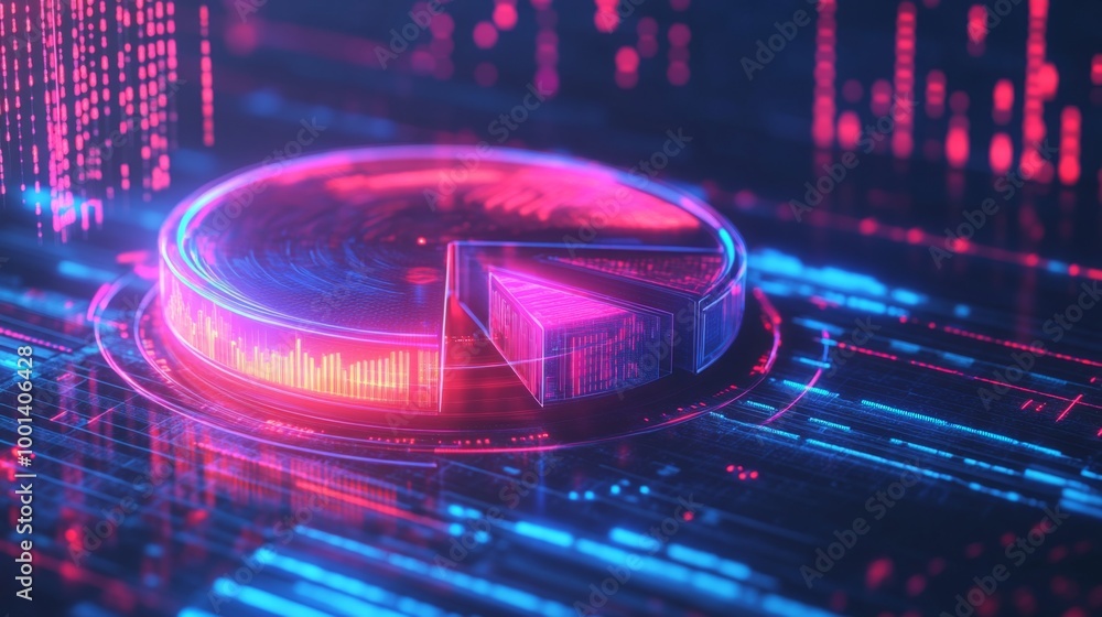 Poster a futuristic 3d pie chart with glowing neon segments, rotating in a digital space, symbolizing moder