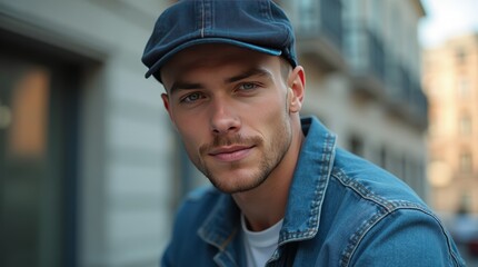 Portrait of a young handsome trendy man wearing a cap of blue jeans color