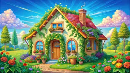 Obraz premium Colorful, whimsical clip art illustration of a cozy, intricately designed house with bright windows, flowers, and vines, set against a soft, blue sky background.
