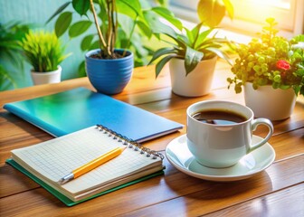 A serene desk setup with a planner, stationery, and a cup of coffee for effective planning ahead