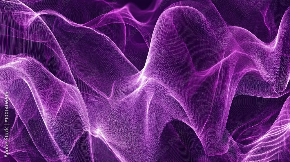 Poster dynamic purple sound wave pattern showcasing fluid lines and intricate designs. ideal for modern aud
