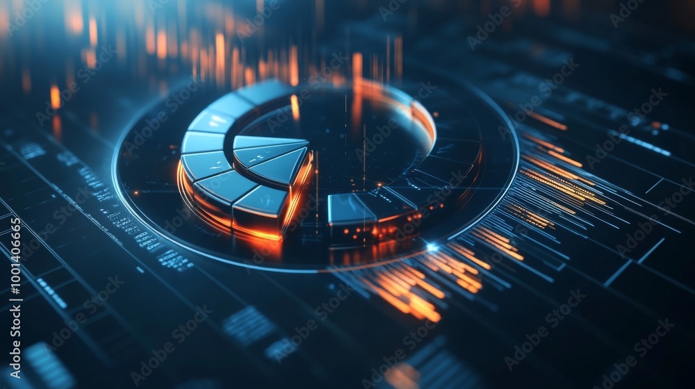 Poster a futuristic 3d pie chart with metallic slices rotating in mid-air, glowing softly with data points 