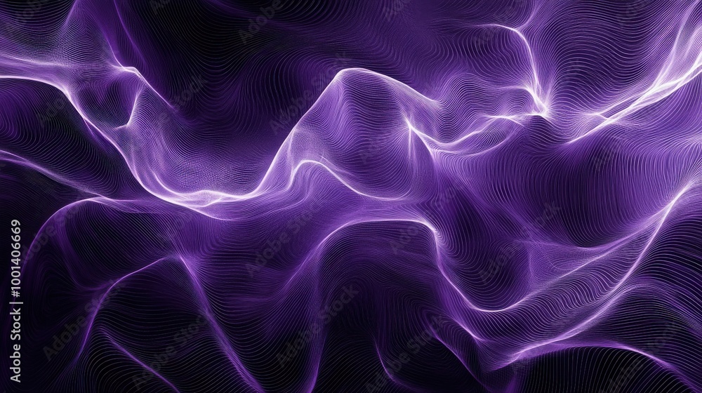 Poster dynamic purple sound wave pattern showcasing fluid lines and intricate designs. ideal for modern aud