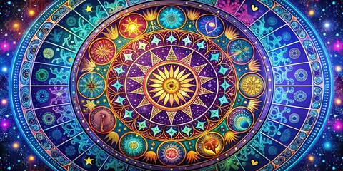 Colorful, whimsical illustration of 12 zodiac signs surrounded by circular mandala patterns, stars, and subtle celestial elements, symbolizing astrology and cosmic harmony.
