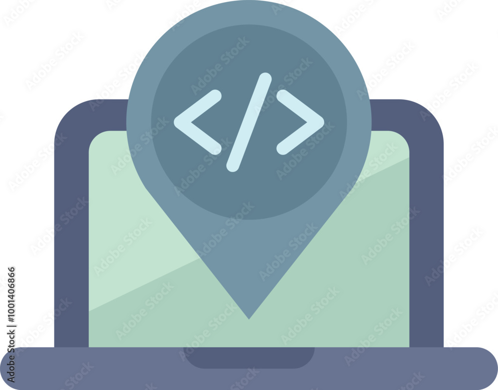 Poster location pin is appearing from a laptop, showing code brackets inside, representing the concept of c