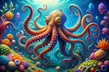 Colorful, whimsical illustration of an octopus with eight curly tentacles, surrounded by seaweed, shells, and fish, set against a bright blue ocean-inspired background.