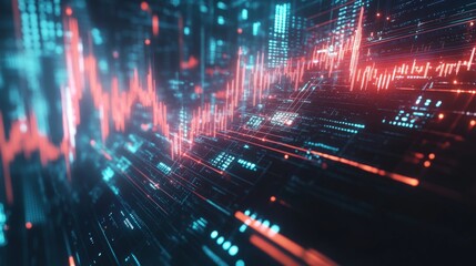 Obraz premium A futuristic digital stock market graph floating in the air, with glowing lines and data points, symbolizing cutting-edge financial technology and trading.
