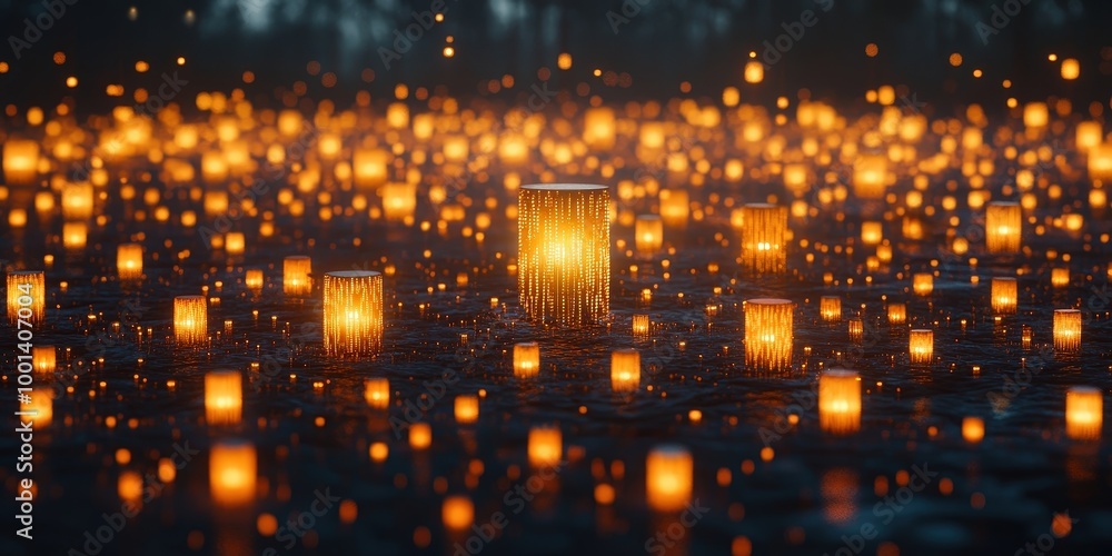 Poster a mesmerizing field of glowing lanterns, each casting a warm light against the dark background, crea