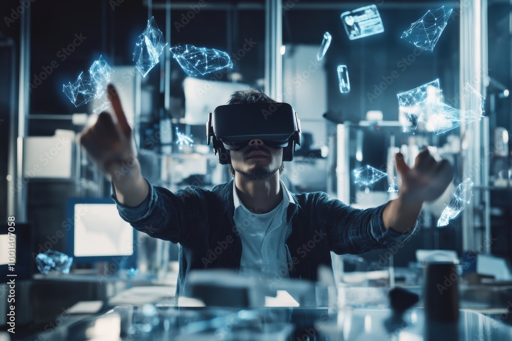 Poster virtual reality designer at work in a modern studio, creating innovative 3d objects while immersed i