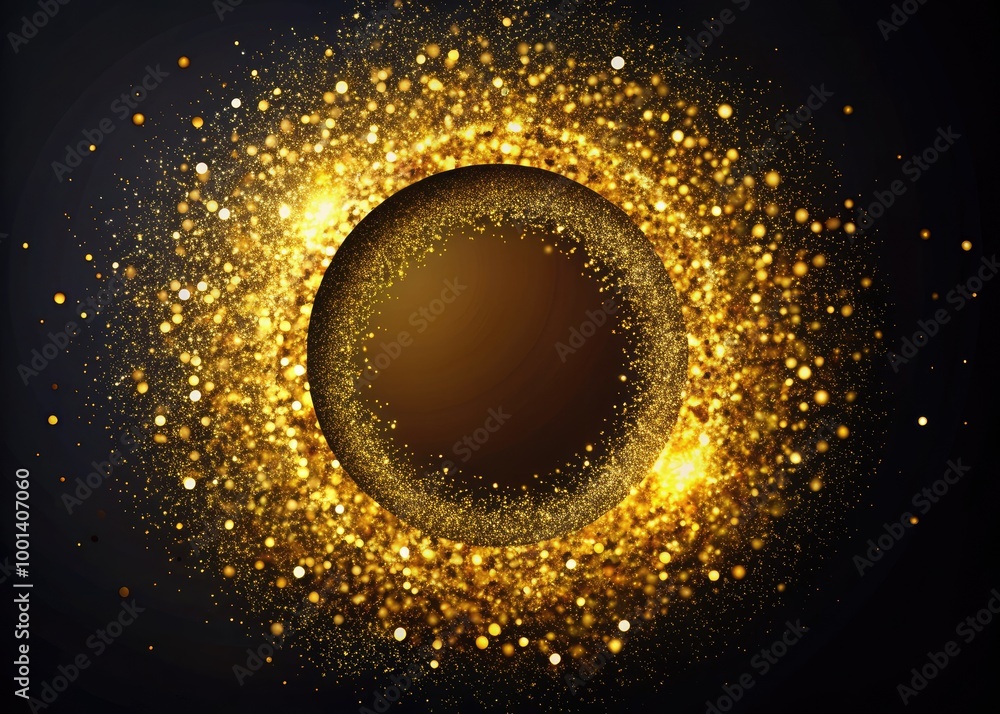 Poster a stunning abstract representation of a shimmering gold circle on a dark background for design use