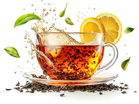 Fresh brewed tea with lemon slices and splashes, isolated on a white background.