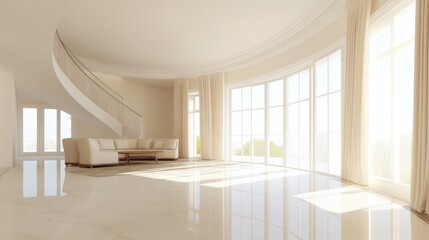 A large, open living room with white walls and white curtains