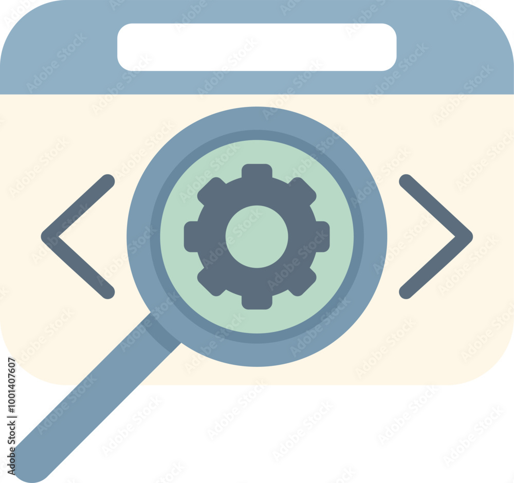 Poster magnifying glass is inspecting a gear symbol within a web development interface, symbolizing code an