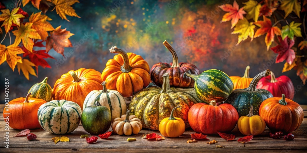 Poster Autumn Still Life Featuring Colorful Squash and Pumpkins with Copy Space for Text or Design Use