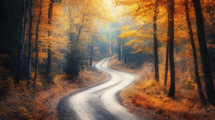 Obraz premium Eastern European autumn landscape with a magical forest, colorful yellow and orange foliage, tree trunks, and a serene road winding through