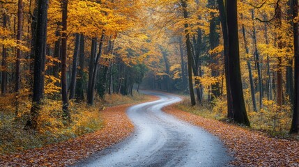 Obraz premium Eastern European autumn landscape with a magical forest, colorful yellow and orange foliage, tree trunks, and a serene road winding through