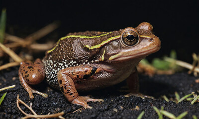 Obraz premium A brown frog with yellow stripes sits on the forest floor