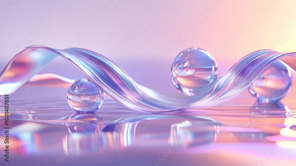 Poster elegant 3d abstract render featuring a glass ribbon on water and geometric circles and spheres. irid