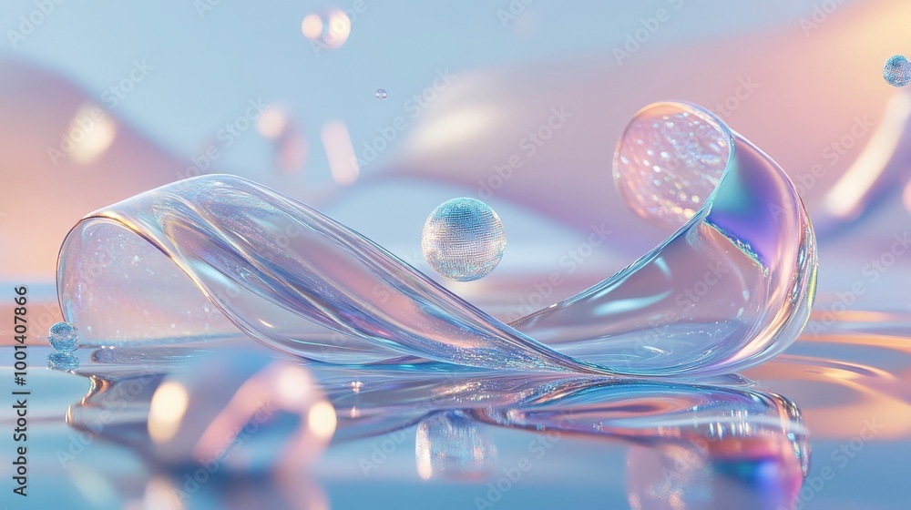 Aufkleber elegant 3d abstract render featuring a glass ribbon on water and geometric circles and spheres. irid