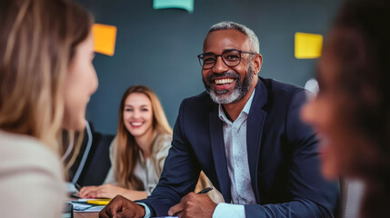 Group of businesspeople from different generations gathers around a conference table, discussing management strategy.