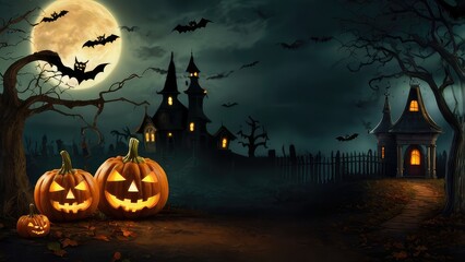 Fototapeta premium halloween banner with pumpkins and spooky castle
