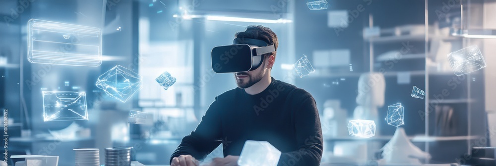 Poster a virtual reality designer in a modern studio creates immersive experiences with floating 3d objects