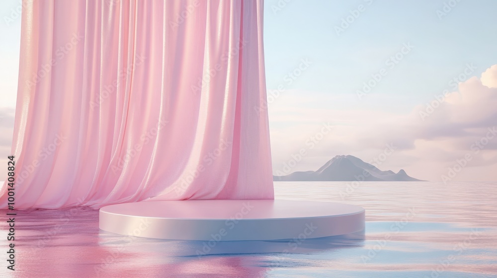 Poster elegant 3d render featuring an abstract platform podium on water. waving curtains and a pastel minim