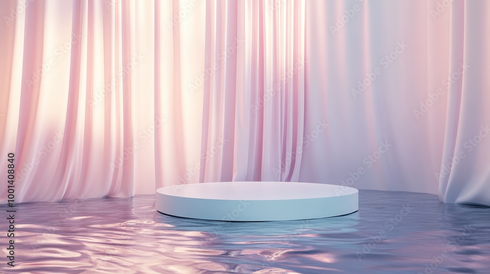Poster elegant 3d render featuring an abstract platform podium on water. waving curtains and a pastel minim