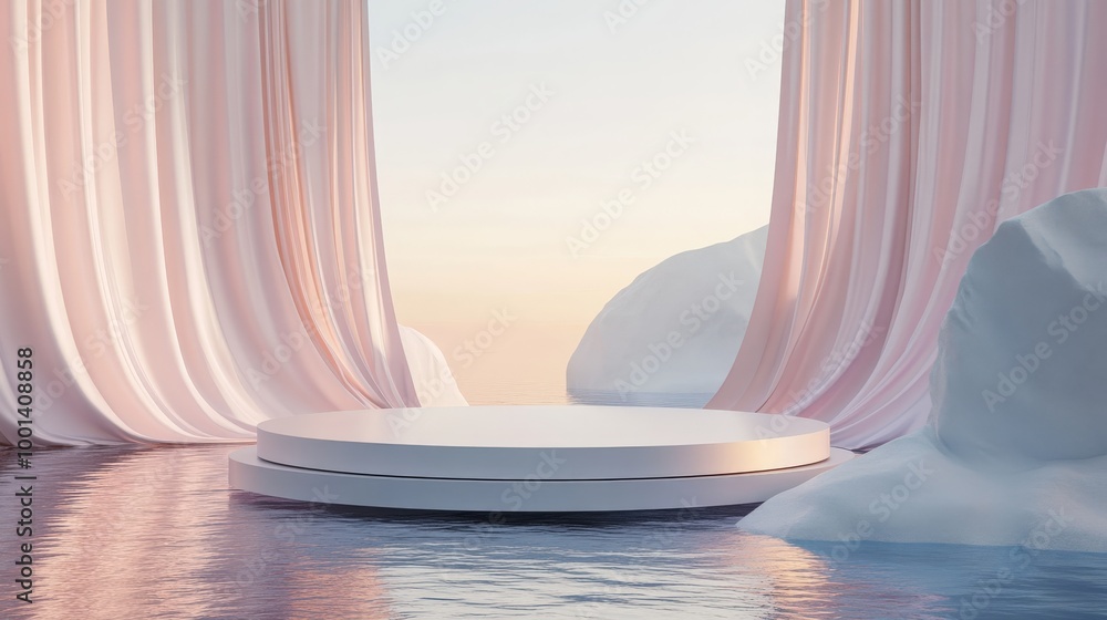 Aufkleber elegant 3d render featuring an abstract platform podium on water. waving curtains and a pastel minim