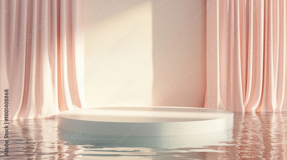 Poster elegant 3d render featuring an abstract platform podium on water. waving curtains and a pastel minim