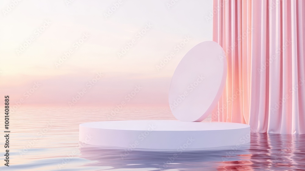Aufkleber elegant 3d render featuring an abstract podium on water with fluttering curtains. pastel minimal bac