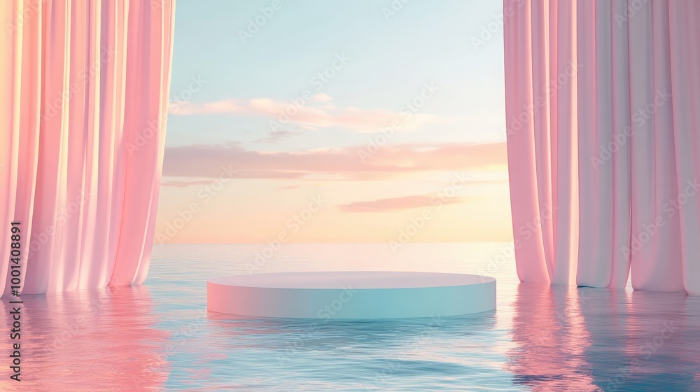 Aufkleber elegant 3d render featuring an abstract podium on water with fluttering curtains. pastel minimal bac
