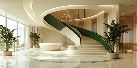 luxury green and cream curve stairs in a modern hotel reception lobby with elegant ornaments and luxury chandelier 