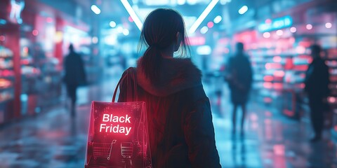 A vibrant, neon-lit shopping scene featuring a fashionable silhouette of a shopper carrying an oversized, holographic shopping bag with "Black Friday" - ai generated