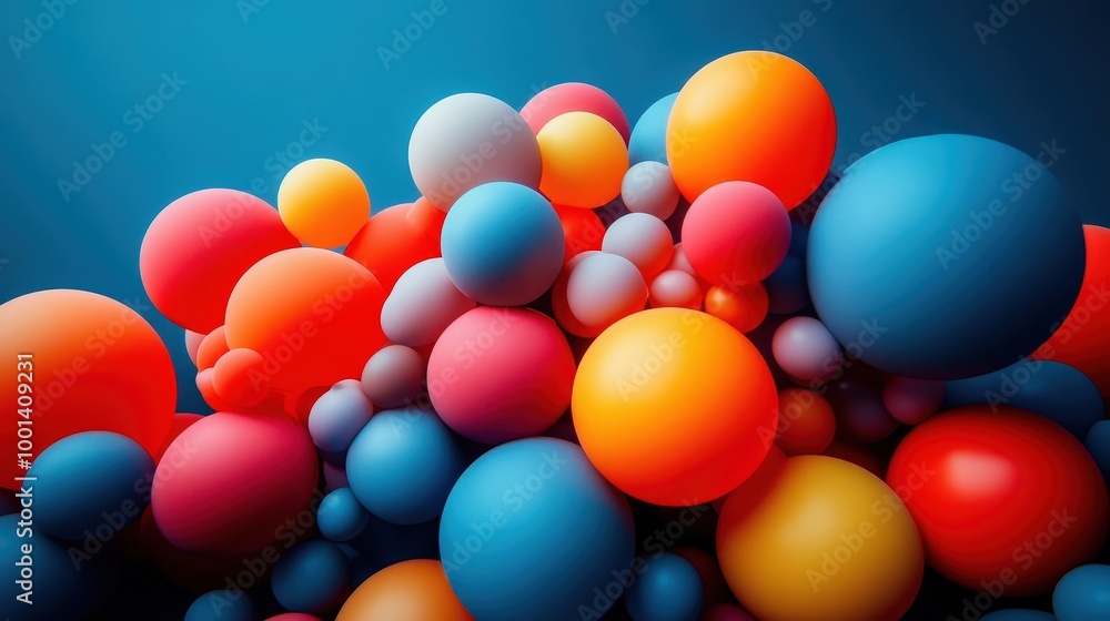 Poster a colorful abstract composition of spheres with varied textures and tones, creating a dynamic and pl