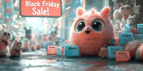 A whimsical cartoon-style scene of a joyful, oversized shopping bag character with big, sparkling eyes, standing in front of a giant "Black Friday Sale!" - ai generated