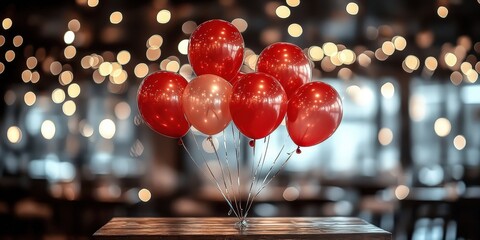 A cluster of vibrant red and cream balloons, tied together with silver ribbons, stand upright on a wooden table, set against a backdrop of soft, warm, out-of-focus lights.
