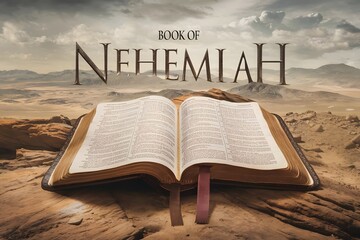 An epic cinematic presentation of the Book of Nehemiah. A large open bible is placed on a rocky terrain. The book is revealing the name Nehemiah.
