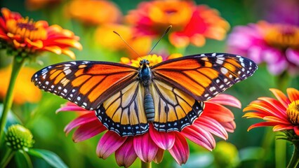 Fototapeta premium Beautiful butterfly with closed wings resting on a vibrant flower in a lush green garden setting